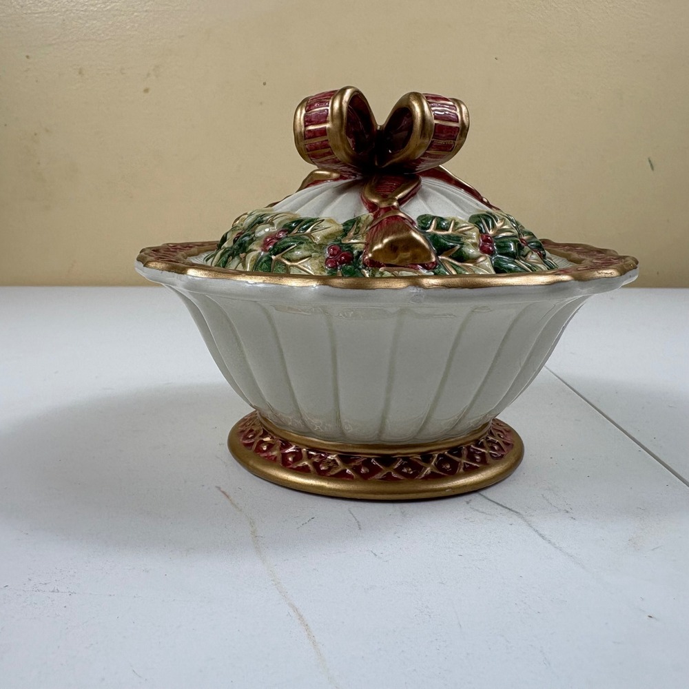 Fitz & Floyd Christmas Holly Berry‎ Sugar Bowl Lid Gold Trim Decor
